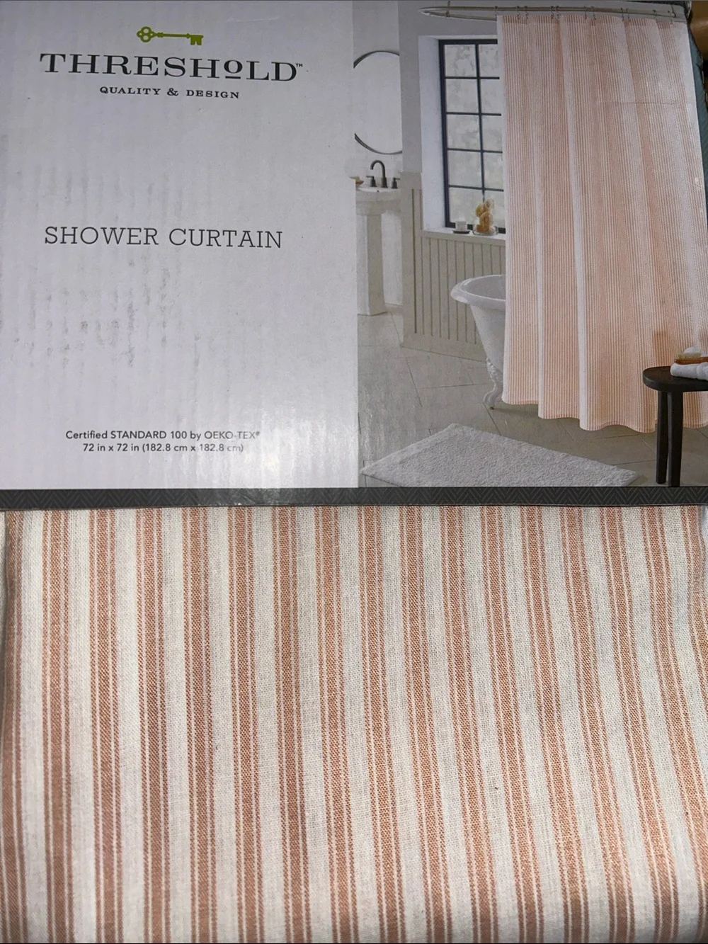 Threshold Coral Ticking Stripe Shower Curtain. 72” x 72”